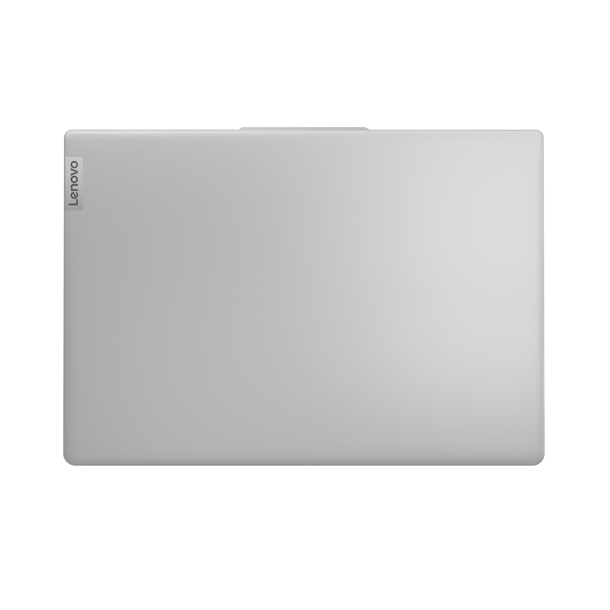 Eine Draufsicht auf einen silbernen Lenovo-Laptop.