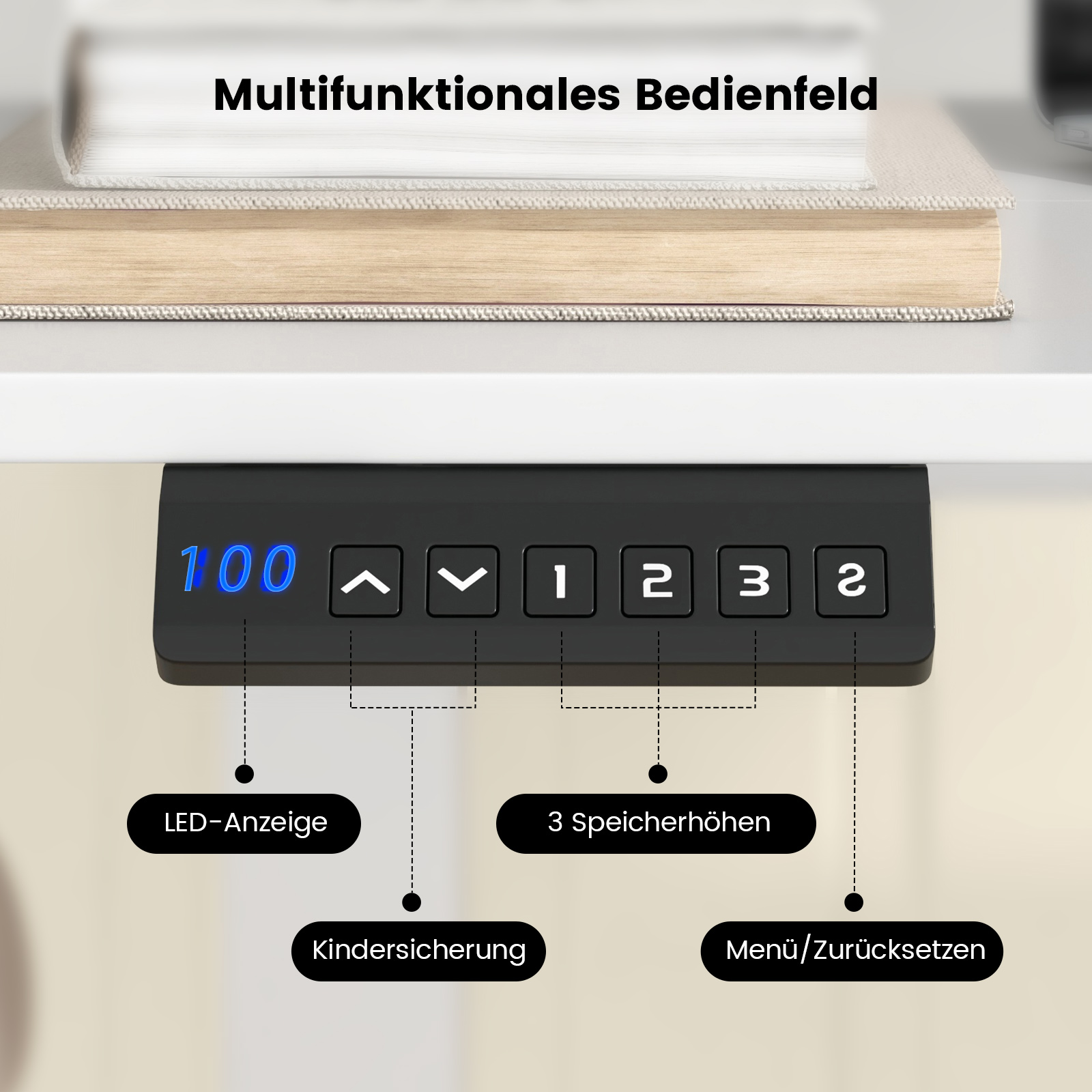 Schwarzes Bedienfeld mit LED-Anzeige und Tasten für Speicher und Kindersicherung.