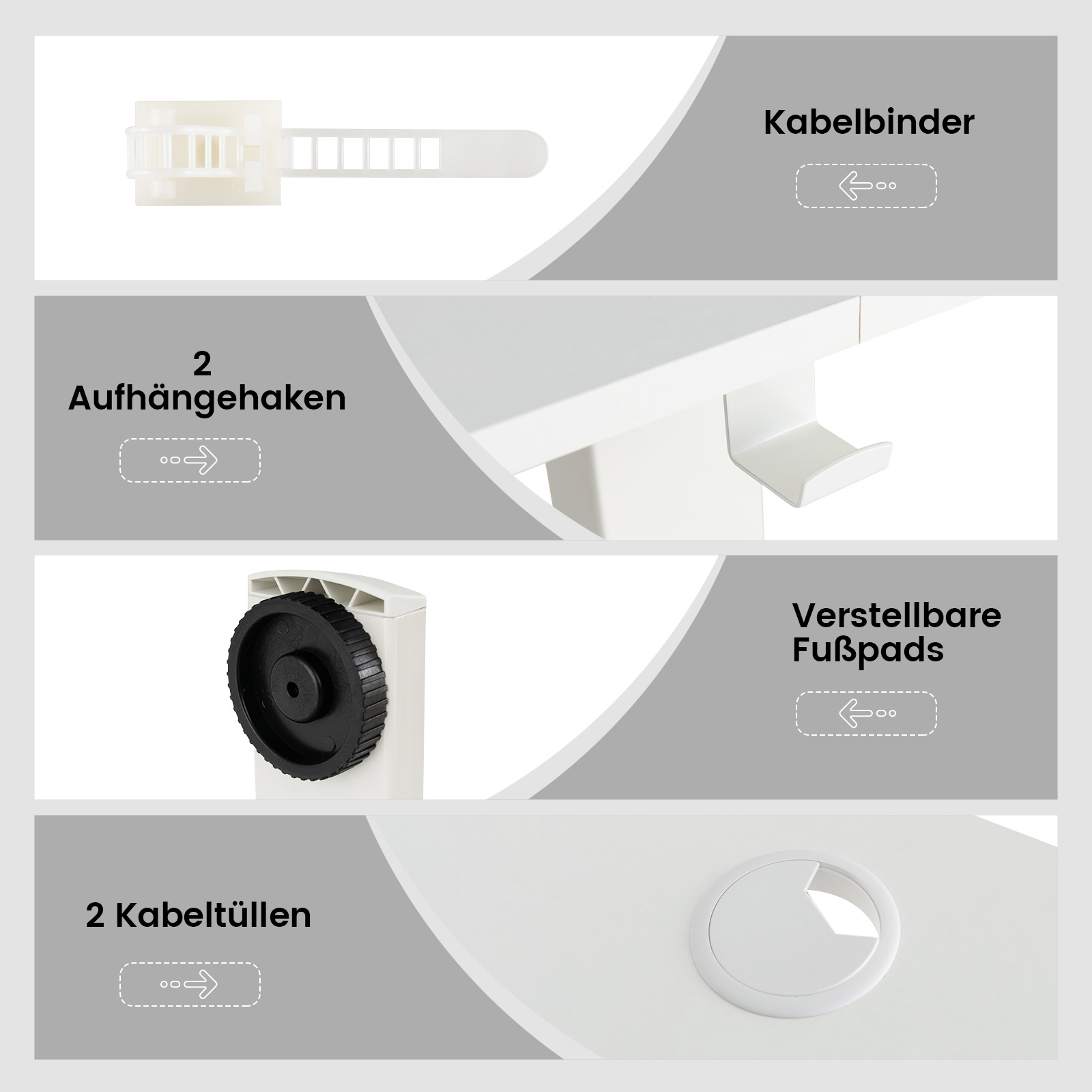 Nahaufnahme von weißen Schreibtischkomponenten, einschließlich Kabelbinder, Haken und Kabeltüllen.