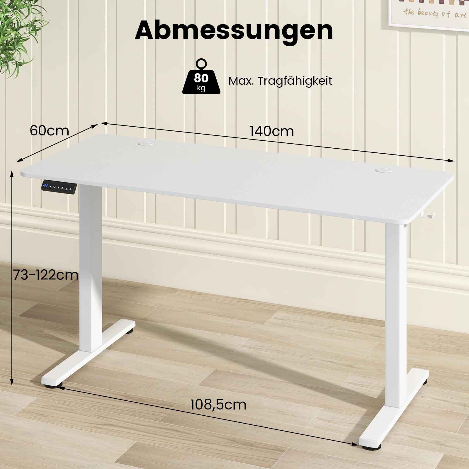 Ein weißer Stehtisch mit Abmessungen in cm. Er steht auf einem hellen Holzboden, weiße Wand.