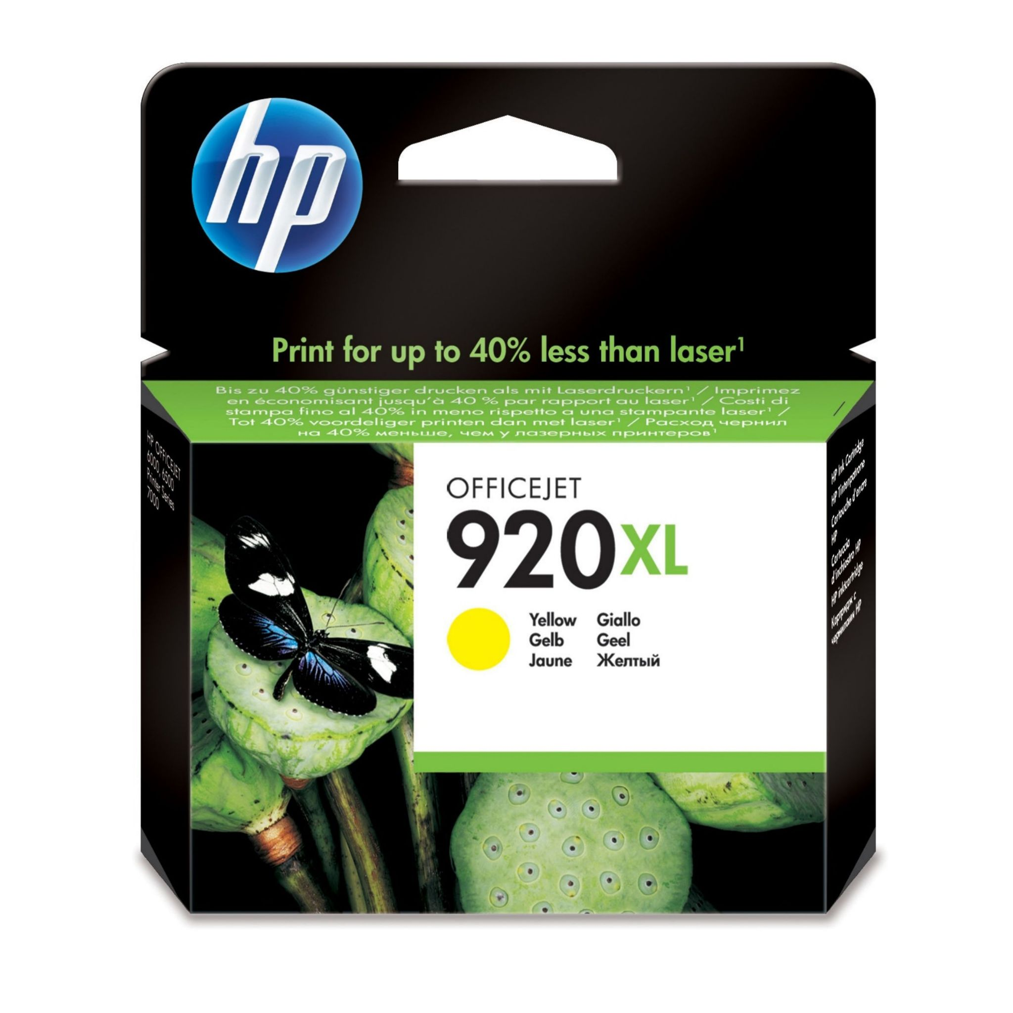 Scatola cartuccia inchiostro HP Officejet 920XL con testo e immagine farfalla.