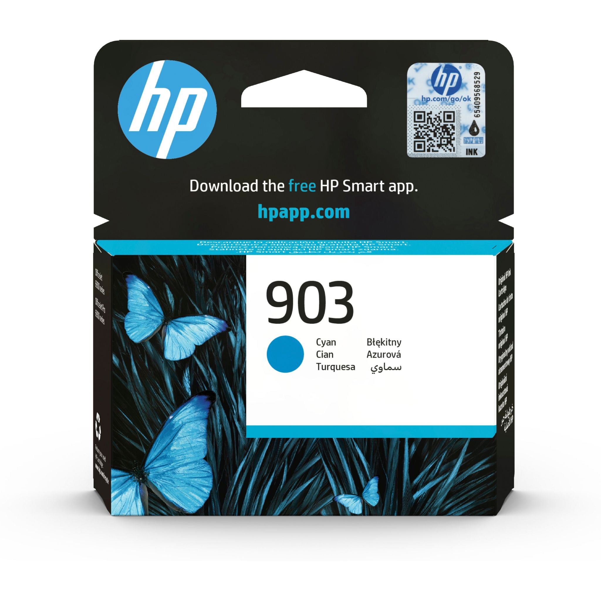 Scatola cartuccia inchiostro ciano HP 903 con farfalle. Colore blu. Nome prodotto e sito web visibili.