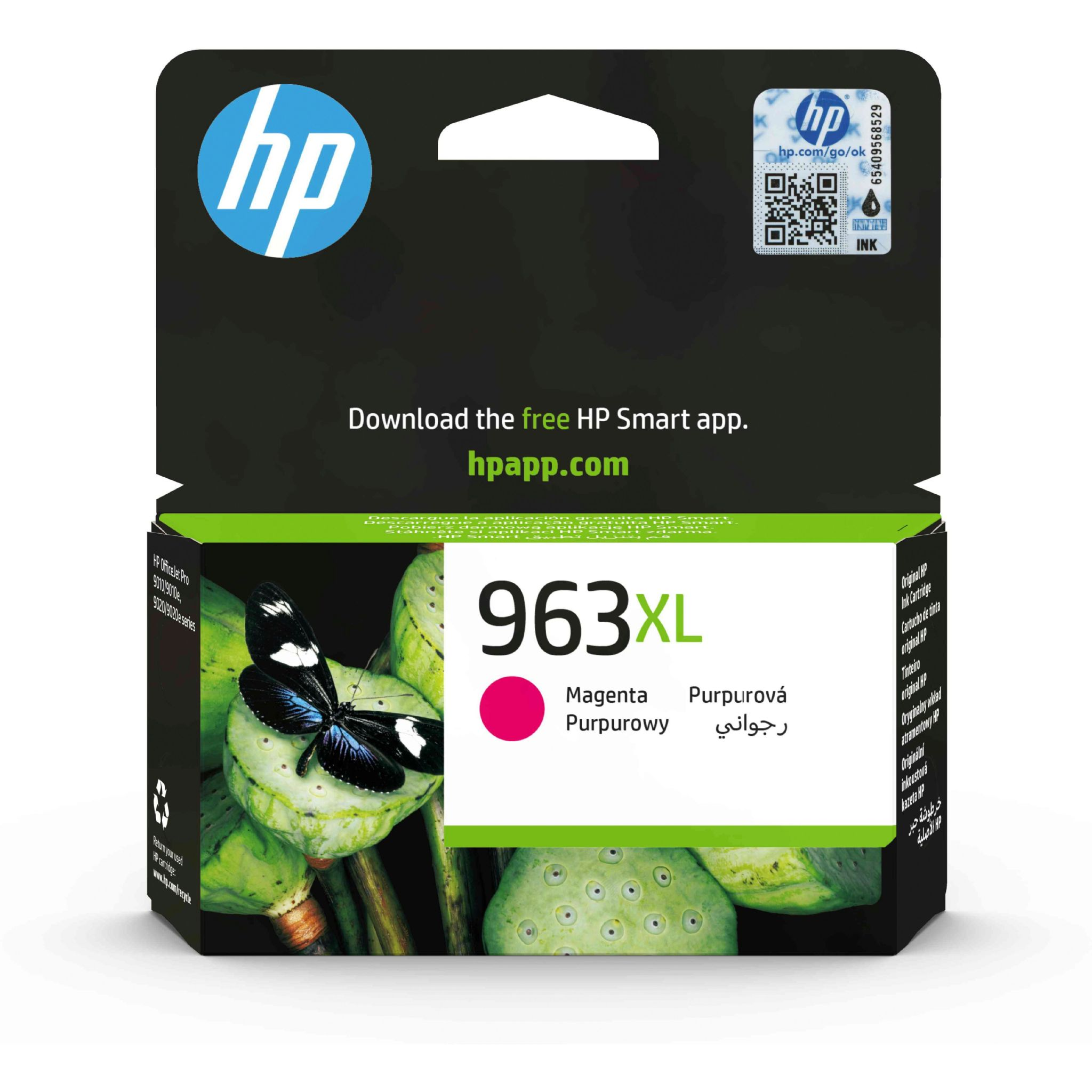 Scatola di cartucce d'inchiostro HP 963XL con colore magenta, immagine di fiore di loto e testo.