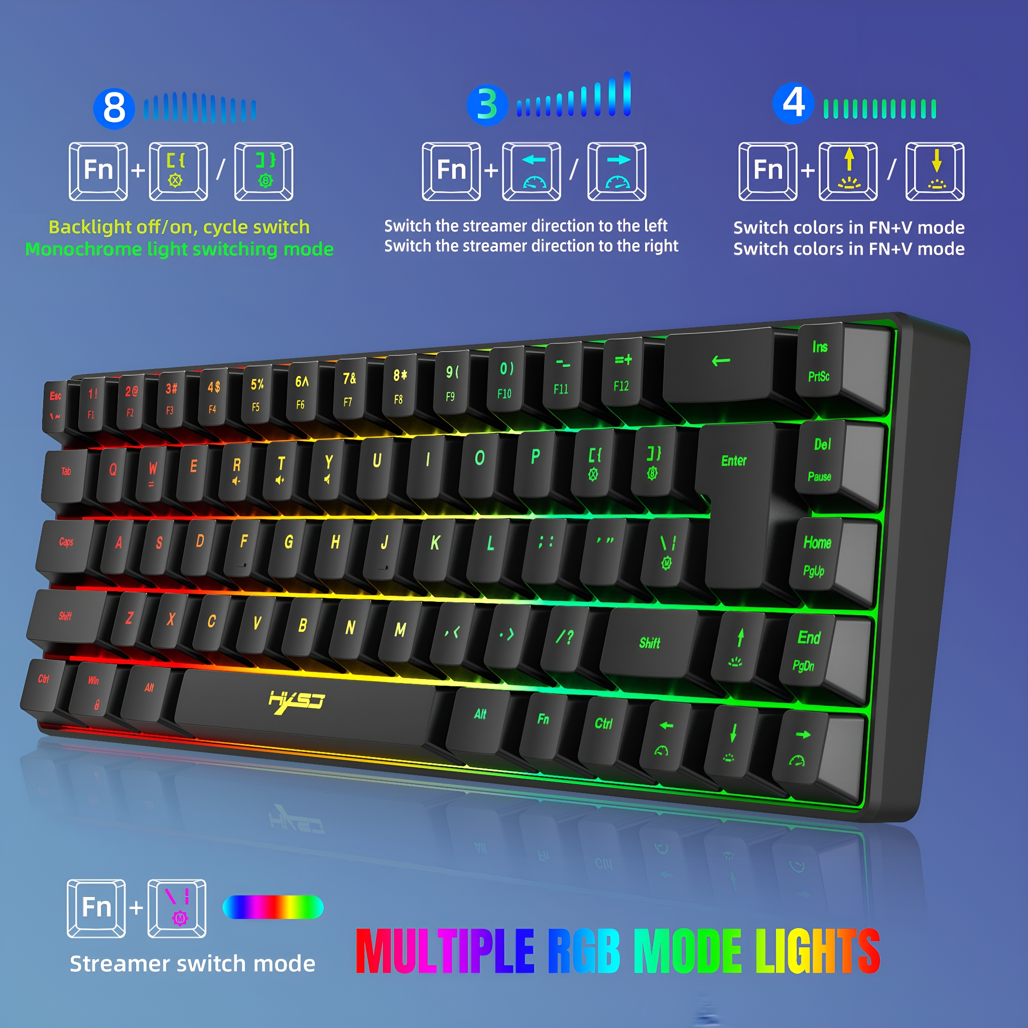 Eine Tastatur mit mehreren RGB-Lichtmodi und Funktionstasten.
