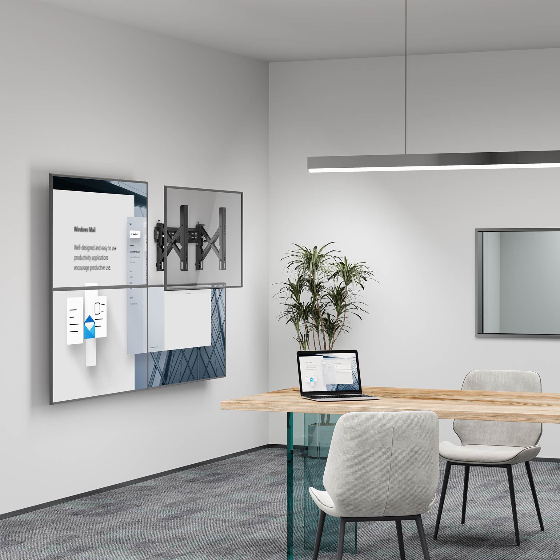 Kantoor met schermen met app-UI, laptop, plant en stoelen. Modern design.