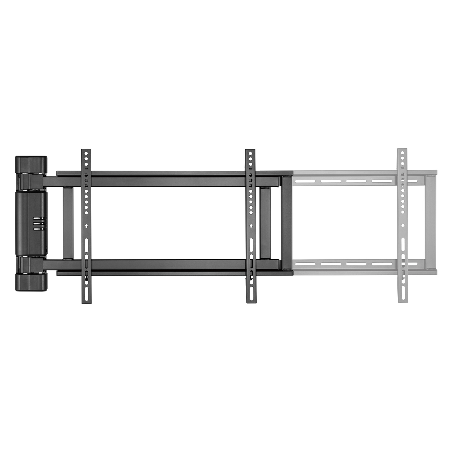 Zwarte tv-beugel, met verschillende montagepunten en structuur.