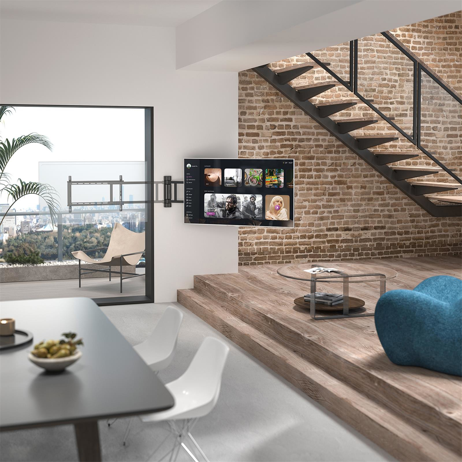 Woonkamer met een gemonteerde tv, een bakstenen muur, een trap en een modern design. Geen persoon aanwezig.