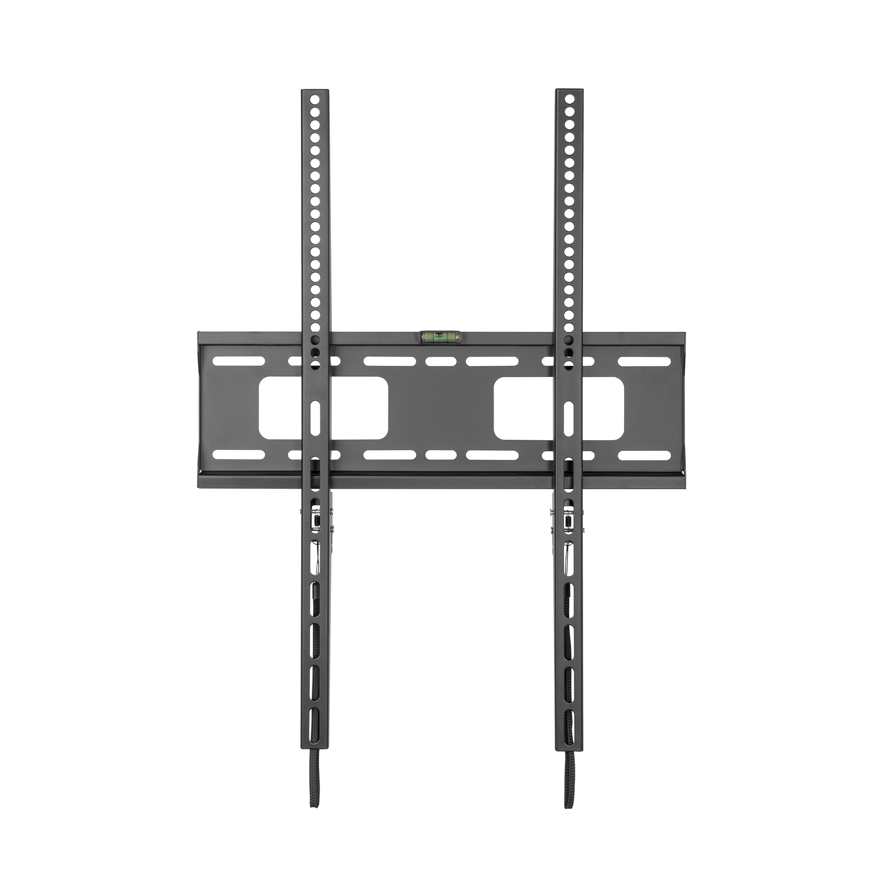 Zwarte tv-muurbeugel op een witte achtergrond. Met twee verticale rails met montagegaten.