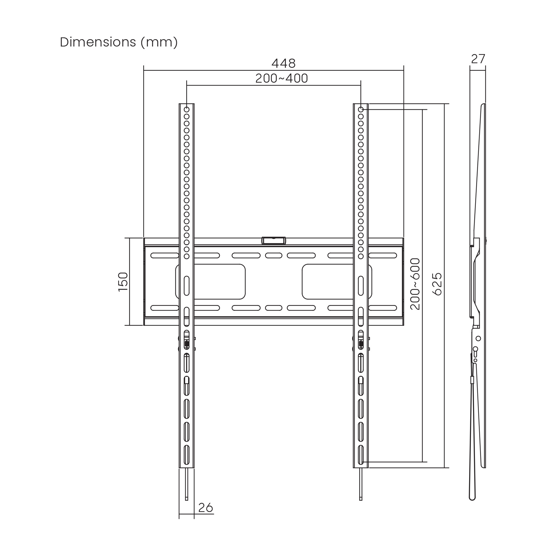 Een technische tekening van een tv-beugel met afmetingen in millimeters. Witte achtergrond.