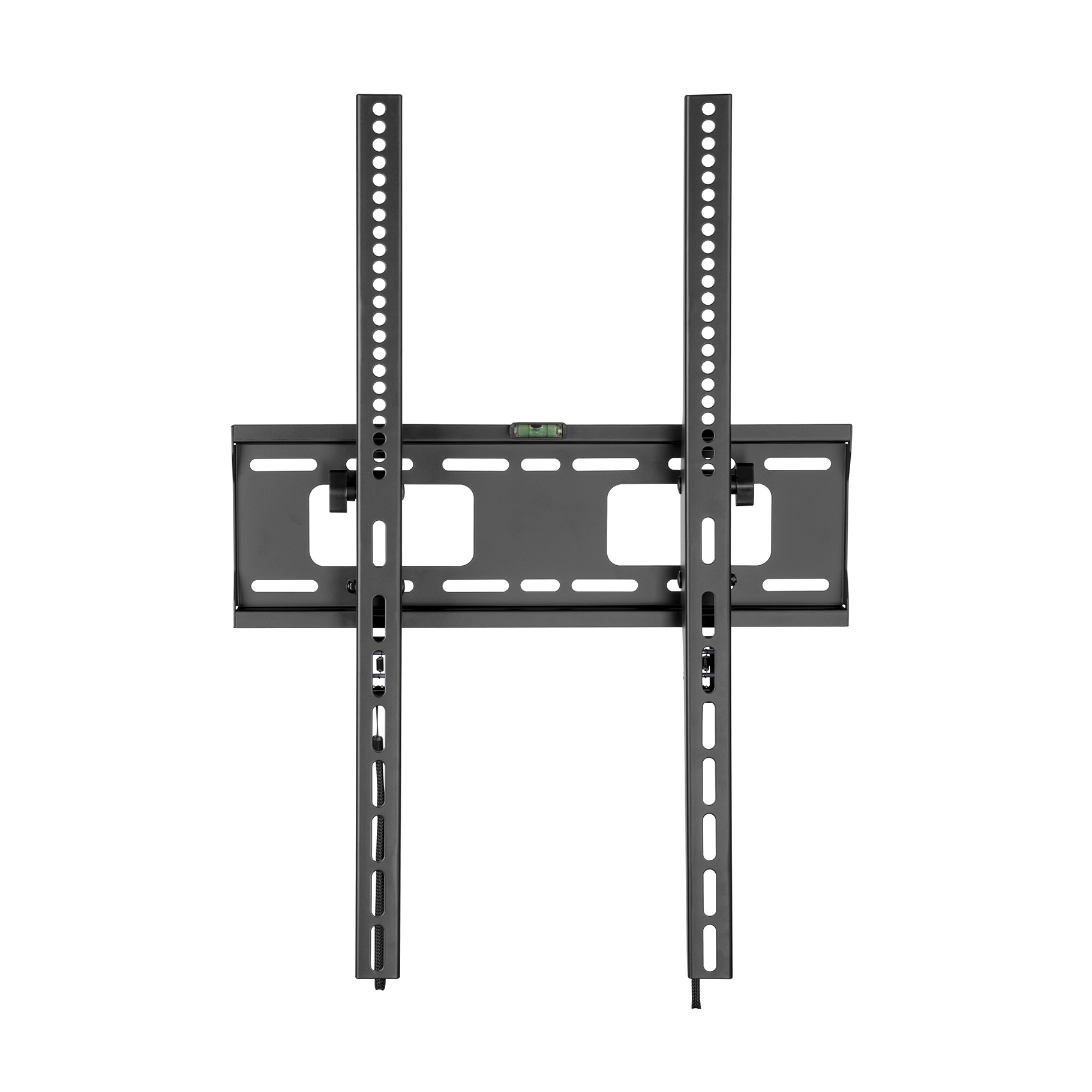 Black TV wall mount with mounting brackets and a level.