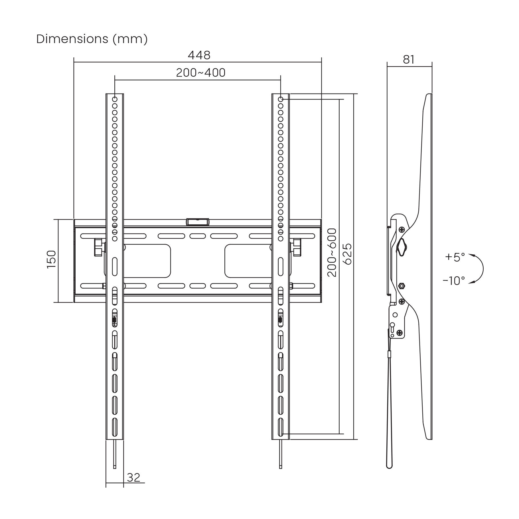 Technical drawing of a TV bracket with dimensions in millimeters.