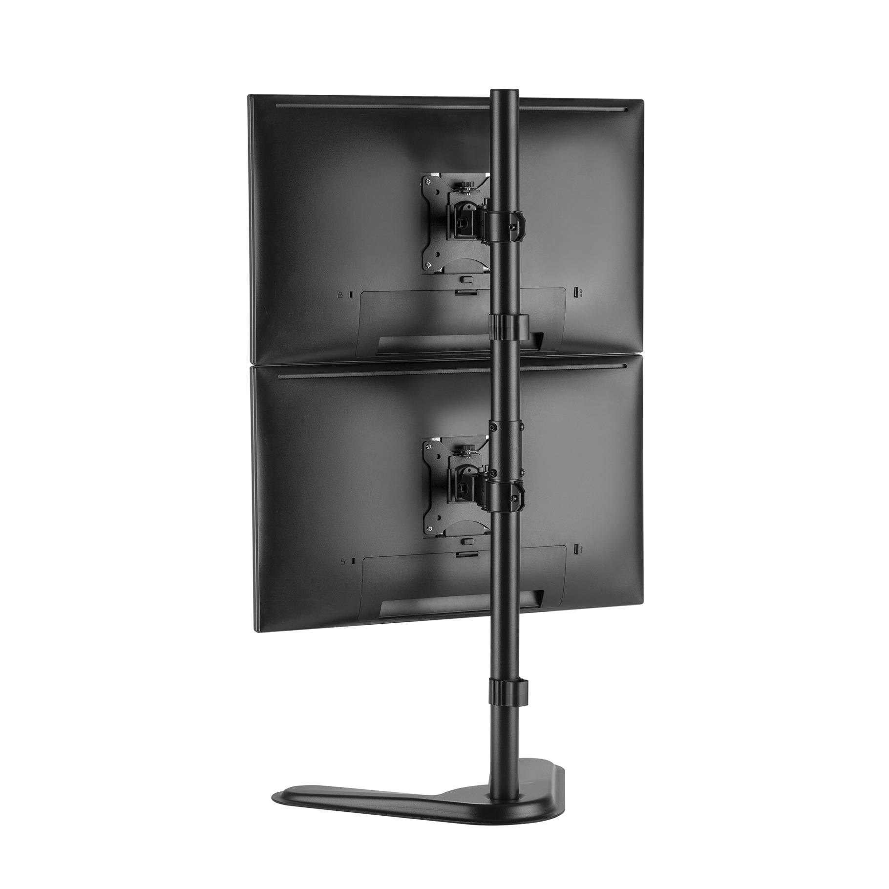 Twee zwarte computermonitoren op een zwarte standaard gemonteerd. Witte achtergrond.