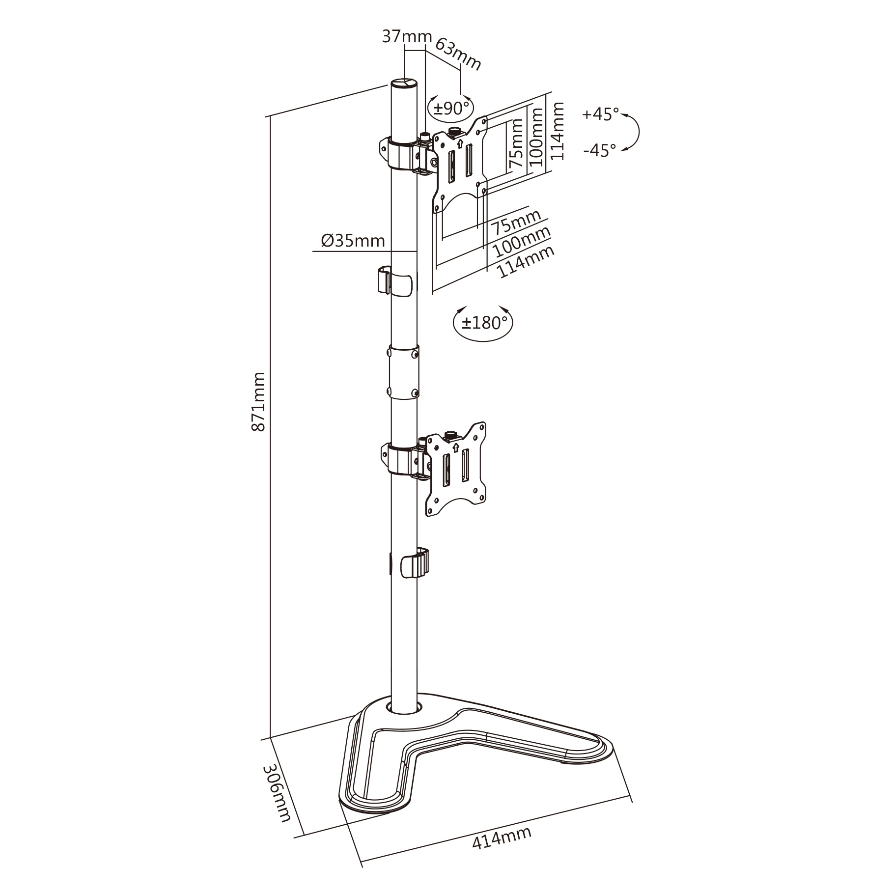Diagram van een monitorstandaard met afmetingen en hoeken.