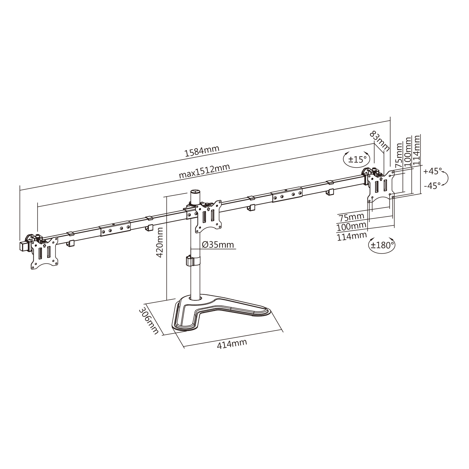 Diagram van een dubbele monitorstandaard met afmetingen en hoeken op een witte achtergrond.