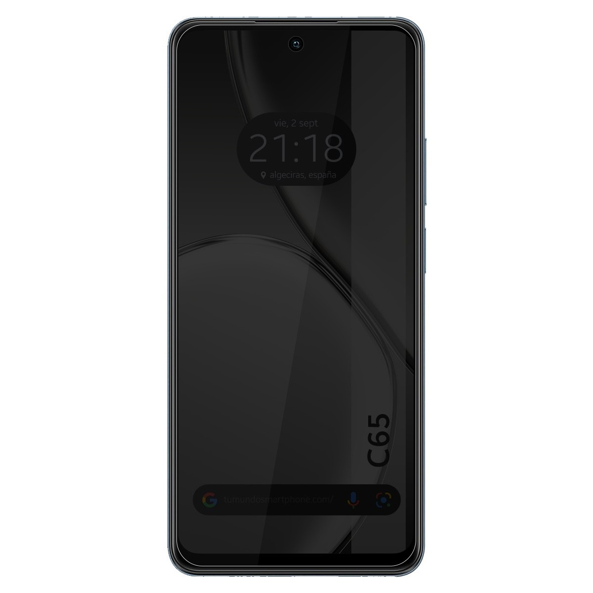 Smartphone nero mostra data, ora e indirizzo web, modello C65.
