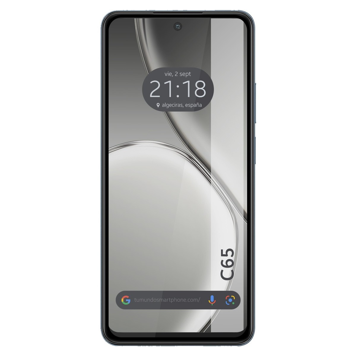 Smartphone que muestra la fecha y hora, con un fondo claro.