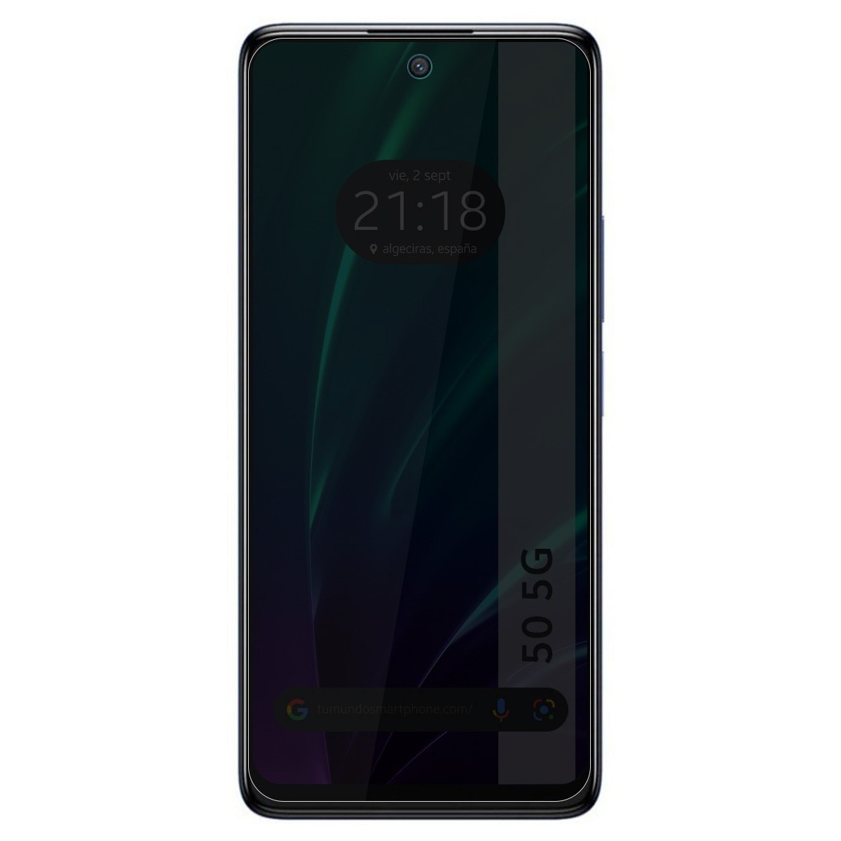 Smartphone con schermo scuro, che mostra data e ora. Cornice nera, sfondo nero.