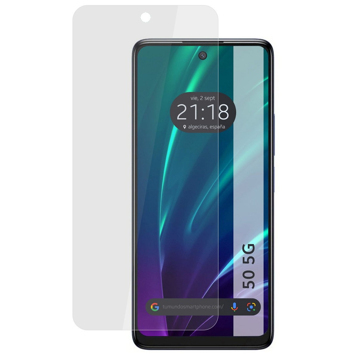 Telefono con protezione schermo, che mostra l'ora, la posizione e uno sfondo verde e blu.