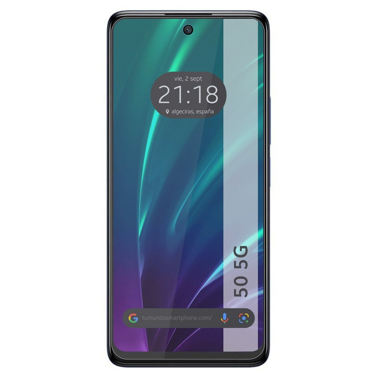 Smartphone con schermo che mostra ora, data e 5G. Sfondo scuro.