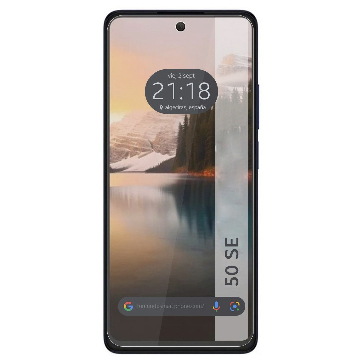 Smartphone nero che mostra una scena di tramonto con ora e data. Il telefono ha una cornice nera.