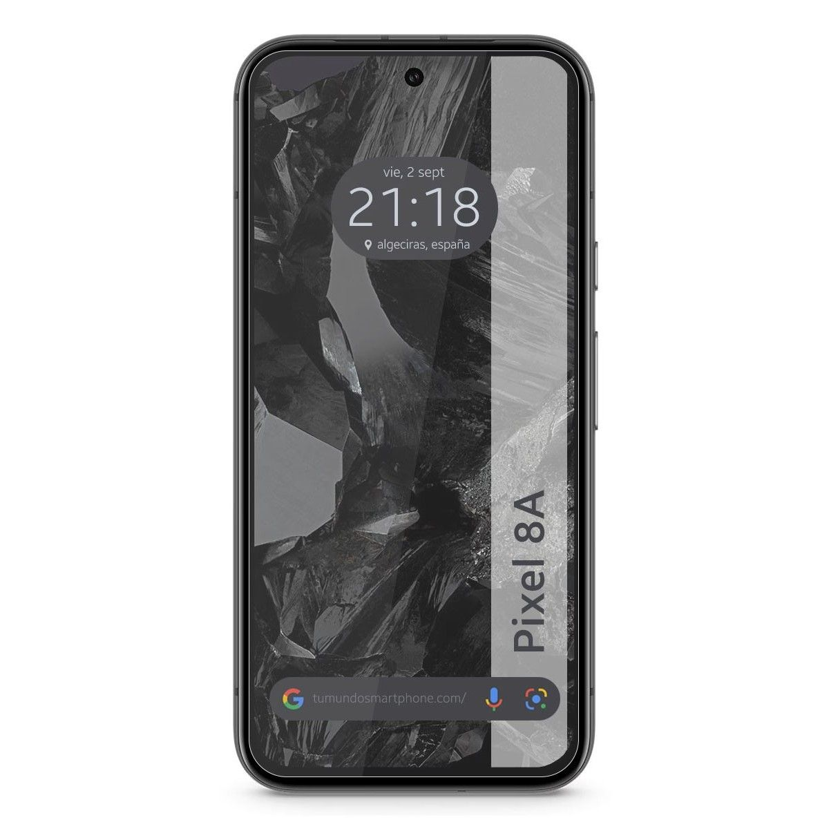 Smartphone nero che mostra ora e data. Sfondo grigio.