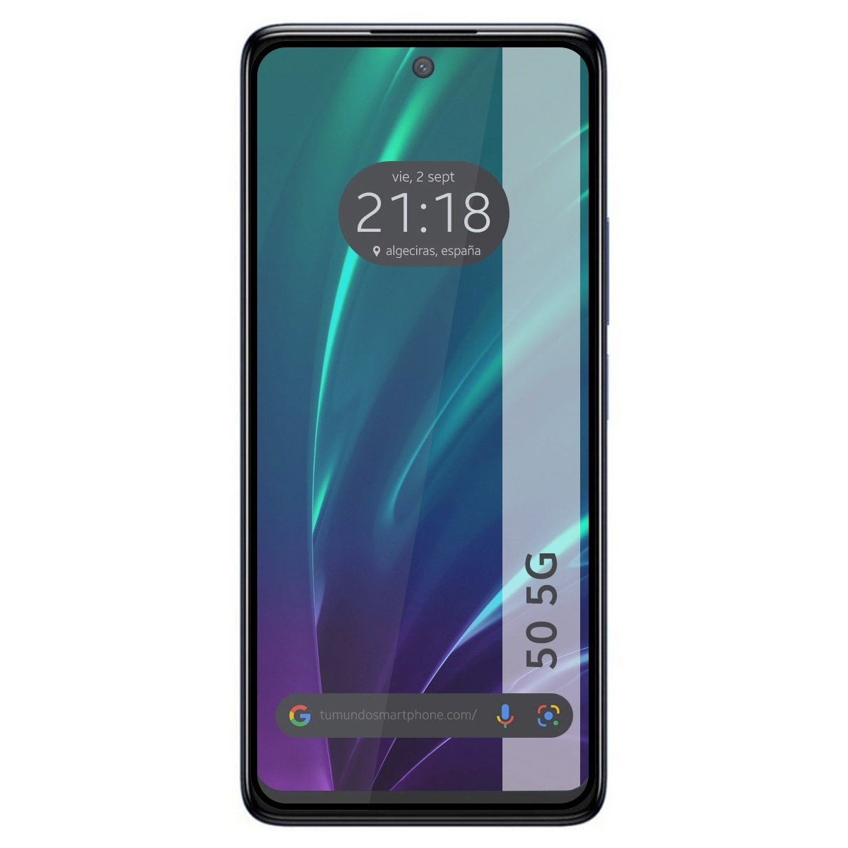 Schermo di smartphone con ora e posizione. Barra bianca a destra con testo 5G.