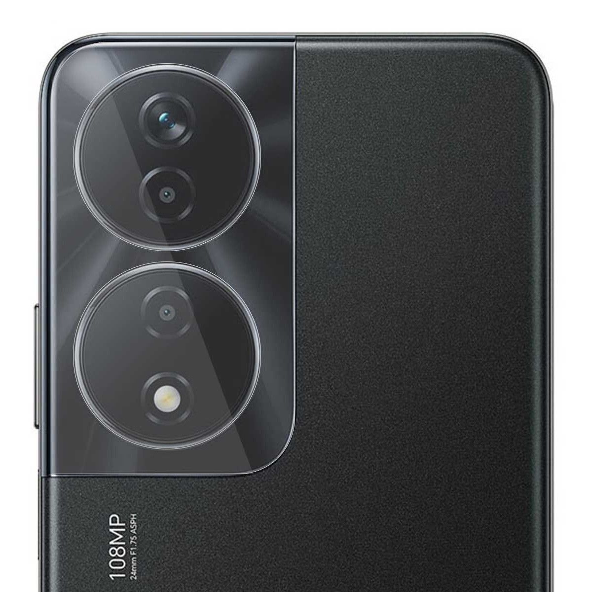 Primo piano di un telefono nero. Tre fotocamere posteriori. La parte inferiore ha 108MP e specifiche.