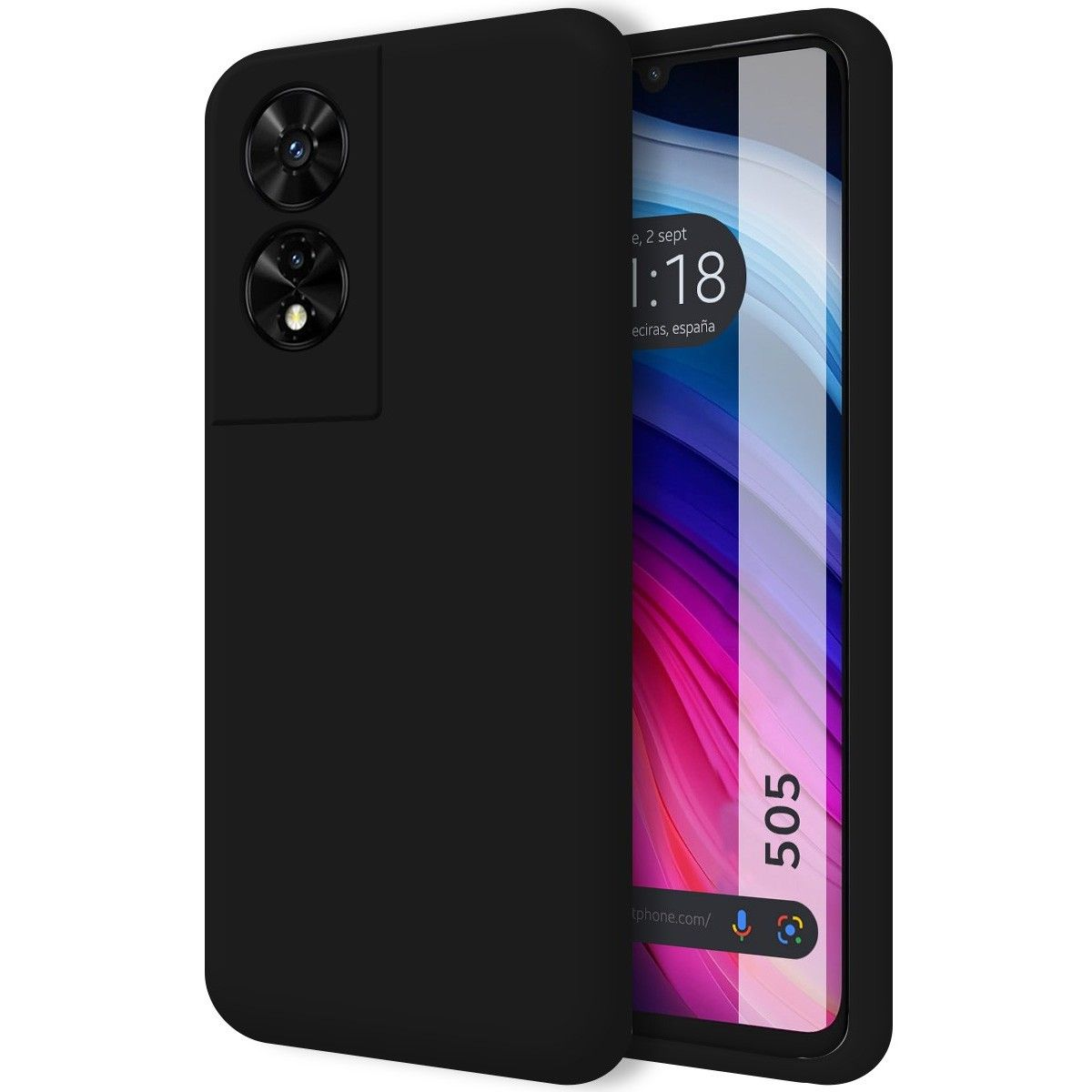 Custodia nera per telefono su uno smartphone. La custodia ha un ritaglio per la fotocamera e una superficie liscia.