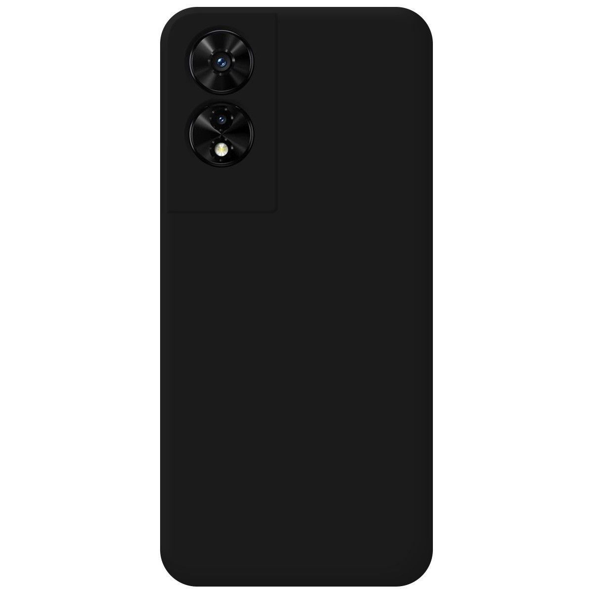 Retro del telefono nero con doppie fotocamere su un blocco rettangolare nero.