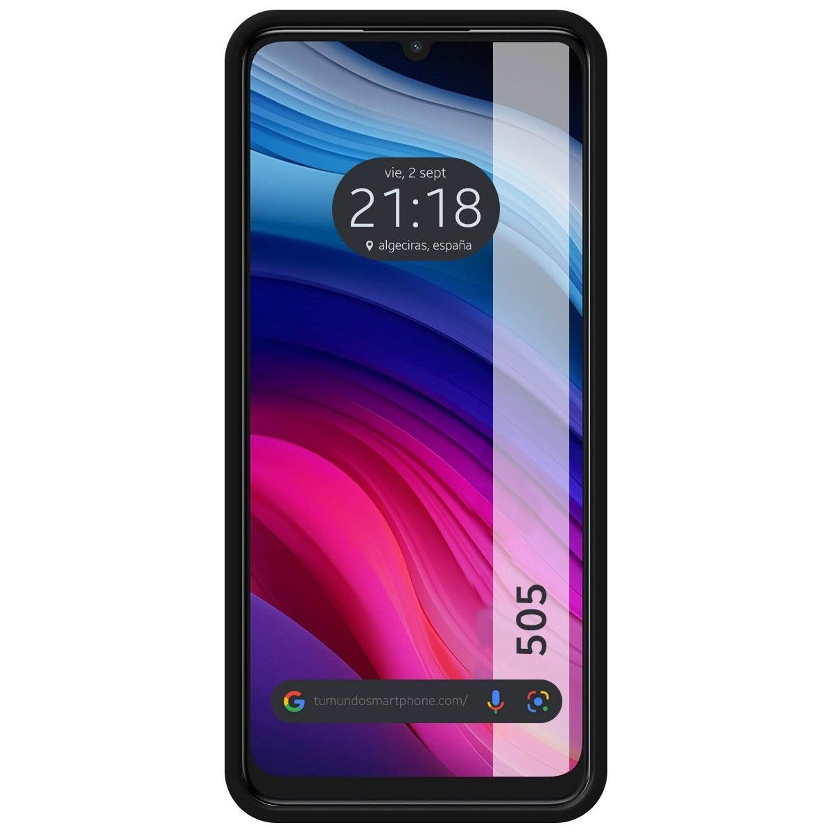 Uno smartphone nero con un design astratto blu e rosa sullo schermo, viene mostrato il numero 505.