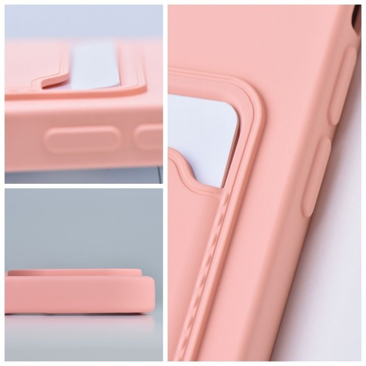 Primo piano di una custodia per telefono rosa con slot per schede. Mostra dettagli e design.