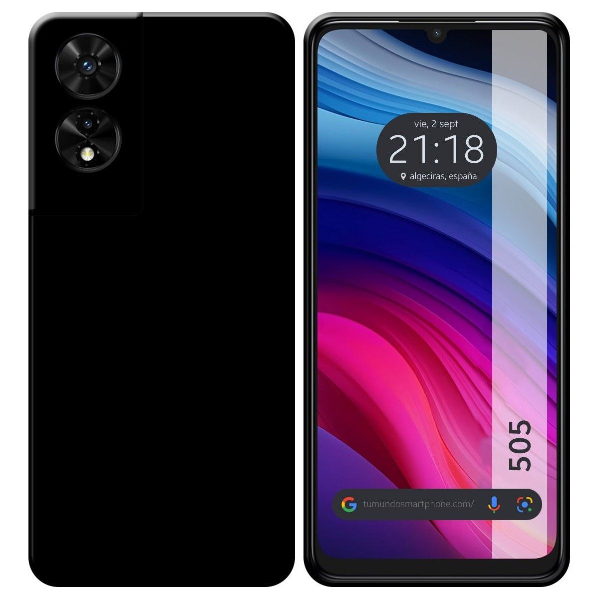 Smartphone negro con pantalla mostrando hora, fecha y ubicación.