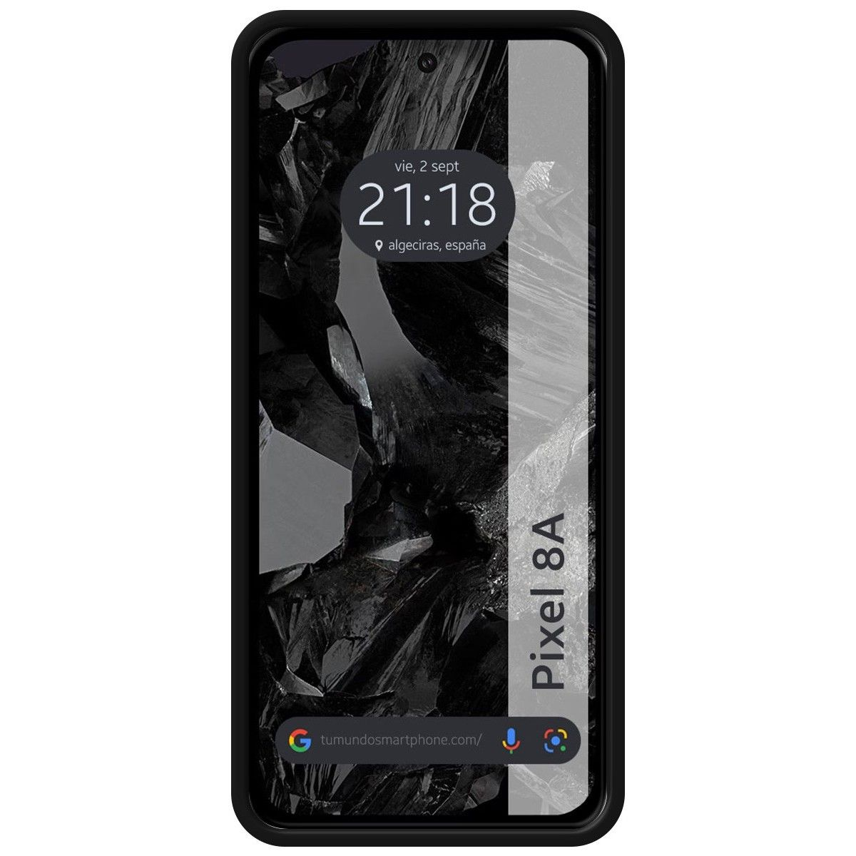 Un teléfono negro en una funda que muestra la hora y la ubicación en la pantalla.