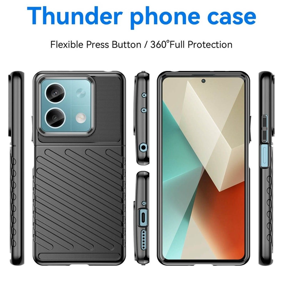 Custodia nera con design strutturato, viste multiple. Testo: Thunder phone case.