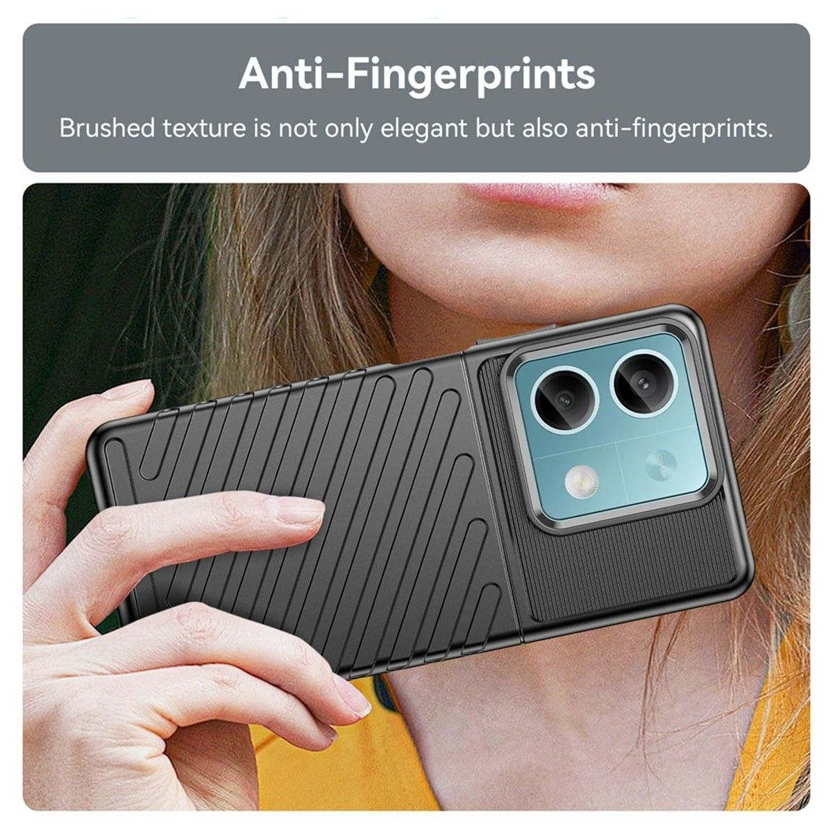 Custodia per telefono con funzione anti-impronte. Colore nero. Sfondo beige.