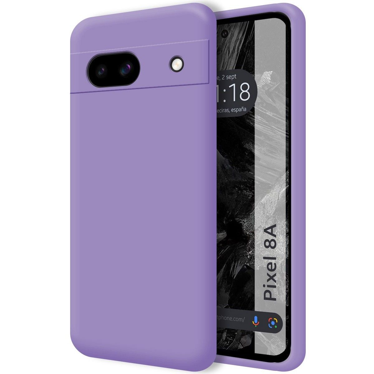 Una custodia viola per telefono con un telefono all'interno. Il telefono mostra l'ora e la data.