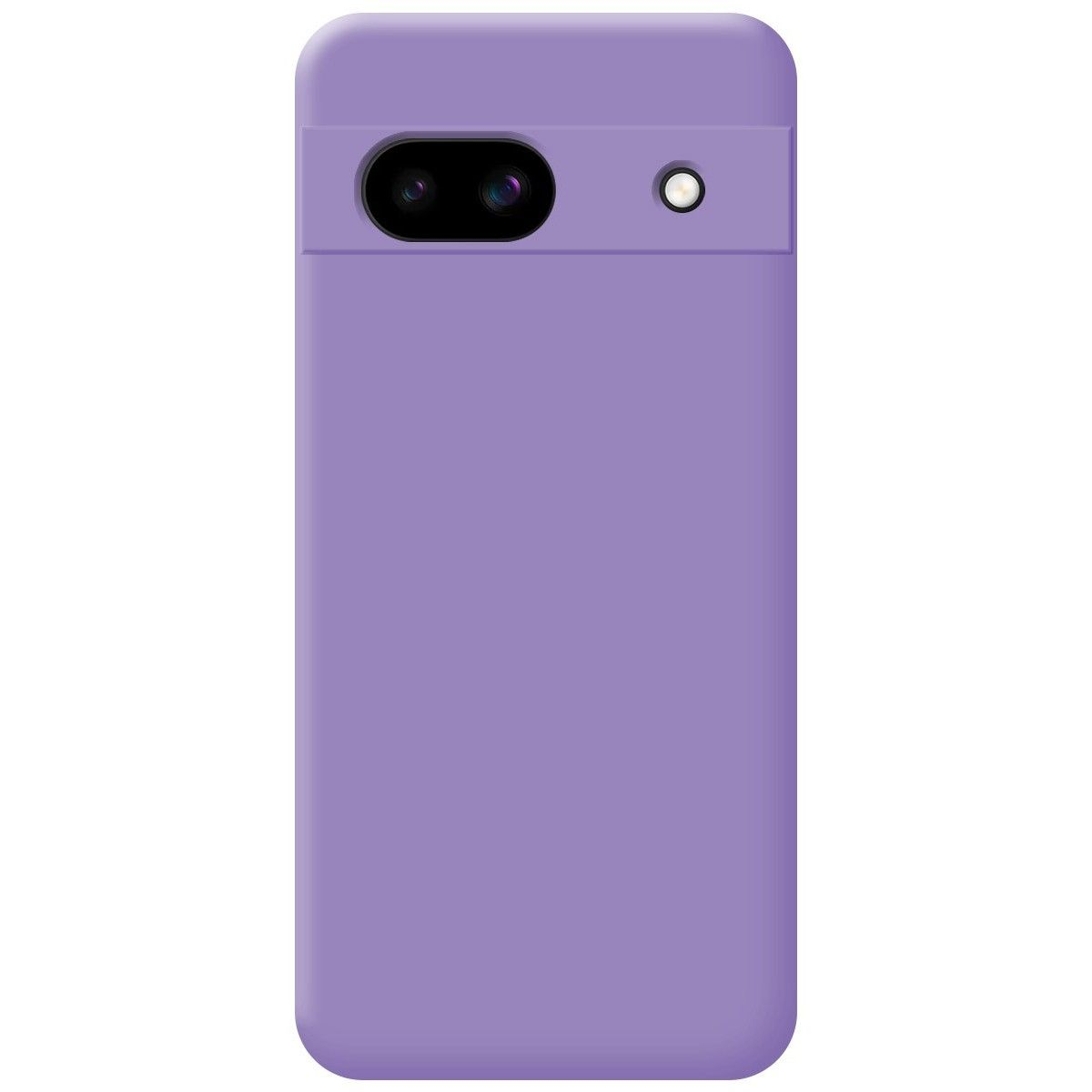 Una custodia per telefono lavanda tinta unita con aperture per fotocamera e flash, vista da dietro.
