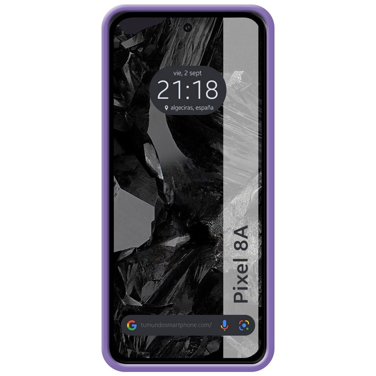 Custodia per telefono viola con uno schermo che mostra un'immagine astratta scura.