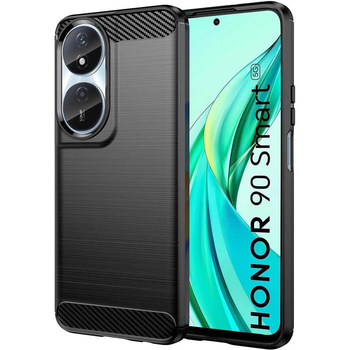 Custodia nera per telefono con motivo strutturato. Il telefono ha doppie fotocamere.