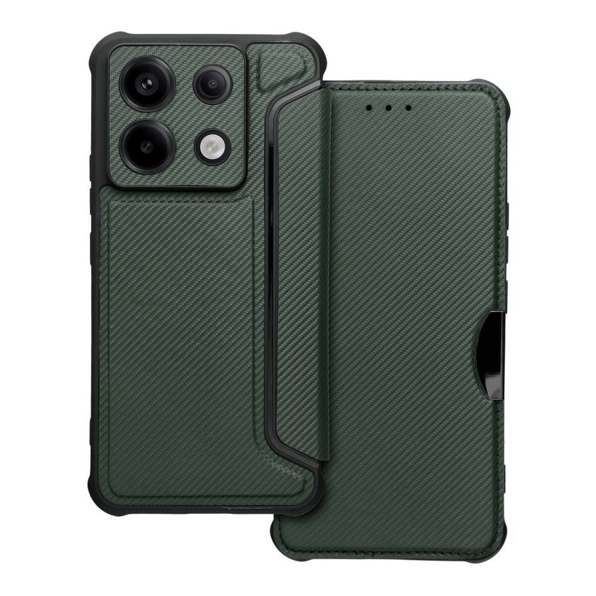 Custodia per telefono verde scuro. Due parti, una a portafoglio, una custodia.