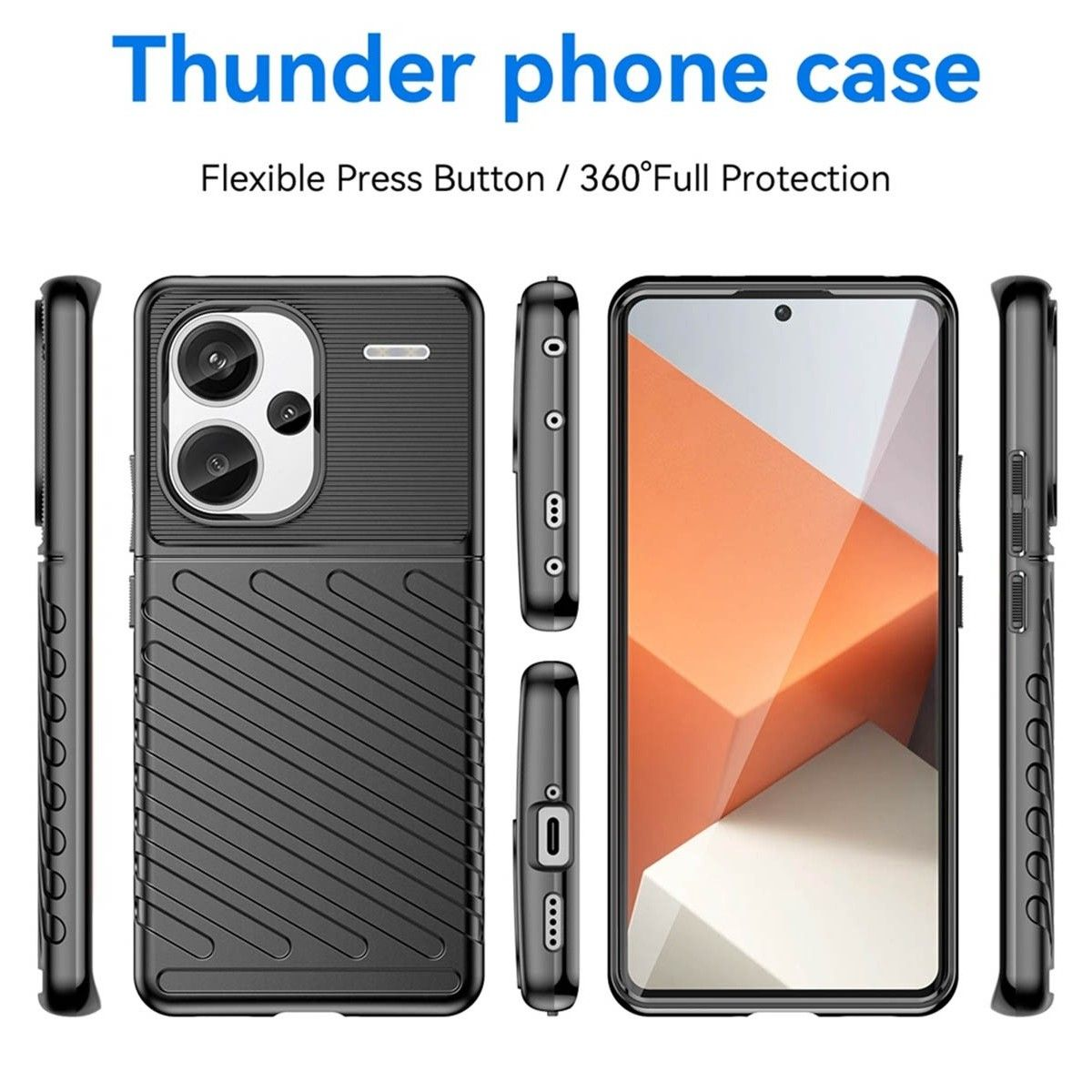 Un teléfono con una funda con múltiples vistas, la funda es negra y tiene un diseño texturizado.