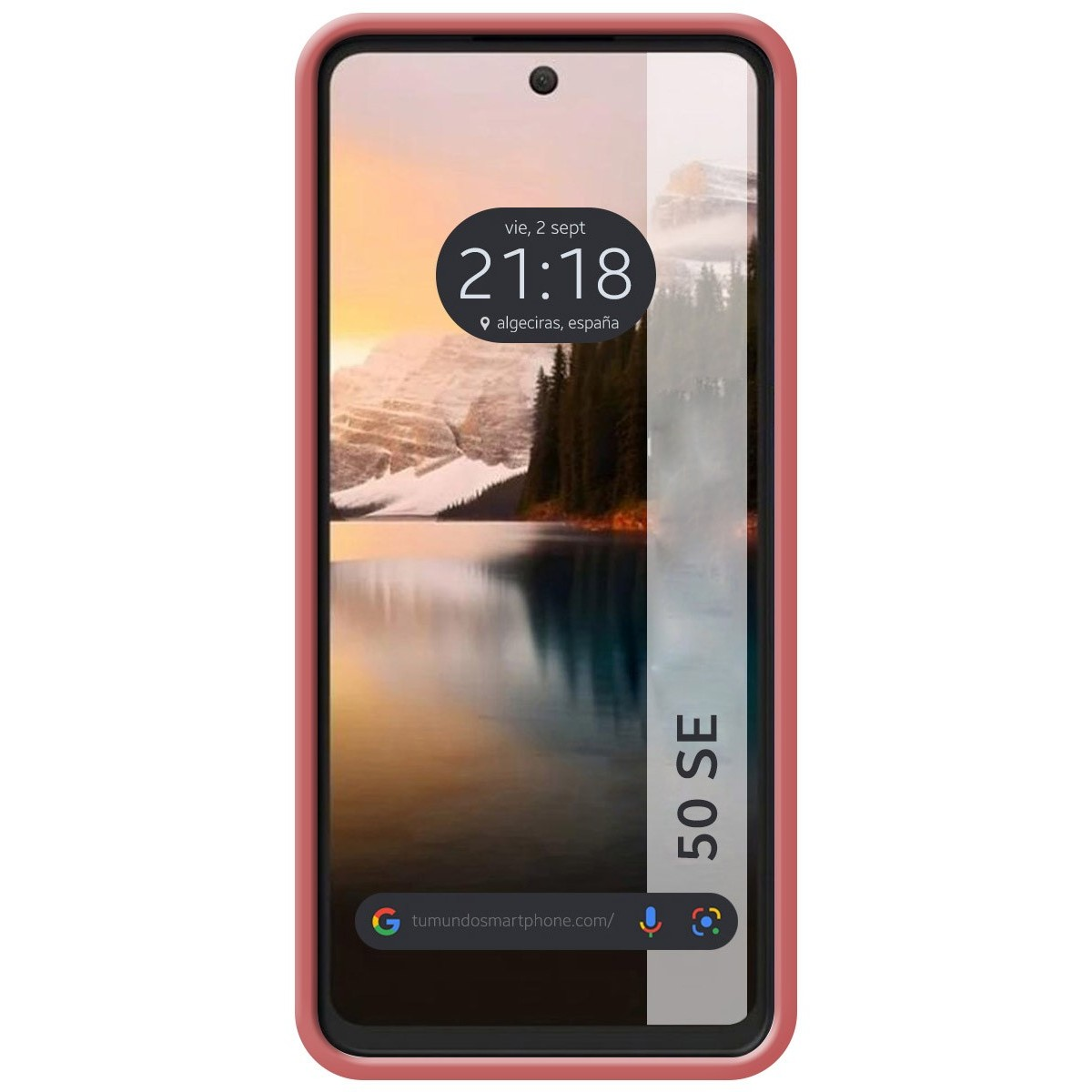 Custodia per telefono rossa con telefono che mostra un'interfaccia.