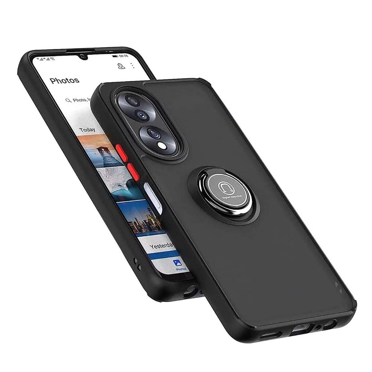 Una custodia nera per telefono con un anello di supporto, appoggiata su un telefono che mostra un'app fotografica.