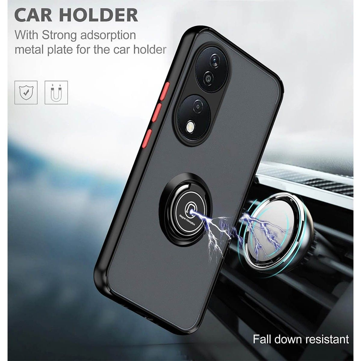 Una custodia per telefono con supporto ad anello magnetico fissato a un supporto per auto. Il telefono è nero.
