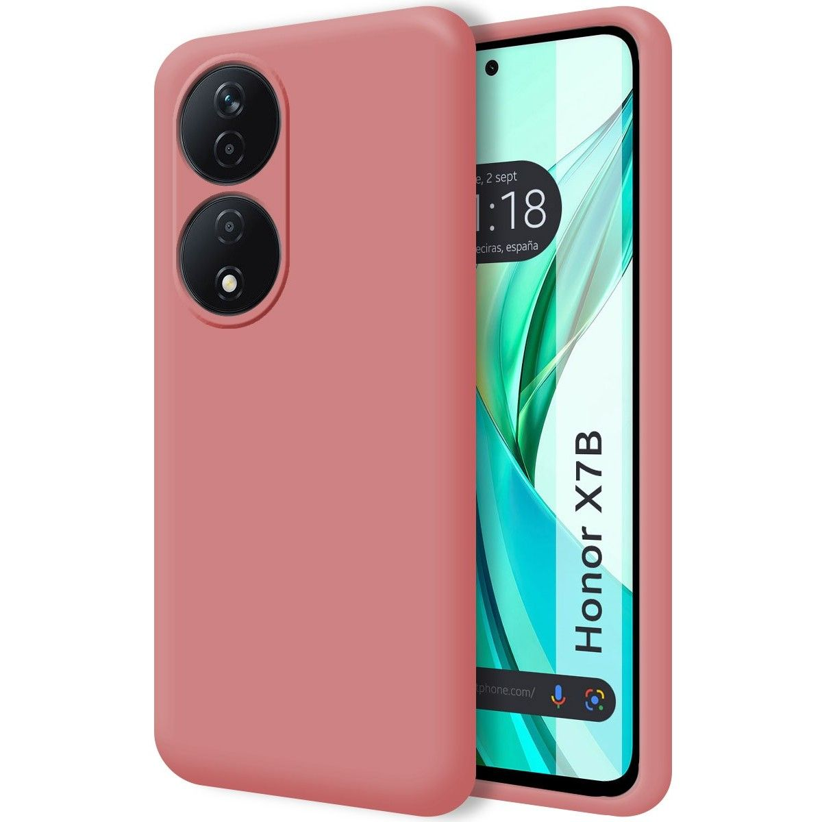 Una custodia rosa per telefono con un telefono all'interno. Il telefono mostra l'ora e la data.