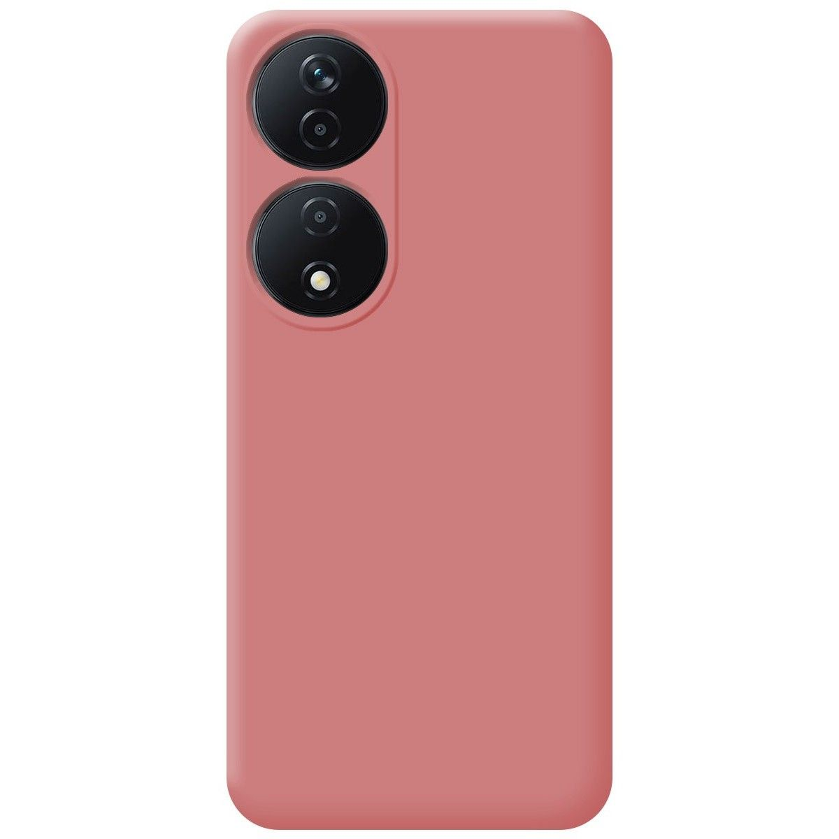 Custodia per smartphone rosa con due obiettivi della fotocamera. È realizzata in un materiale rosa pieno.