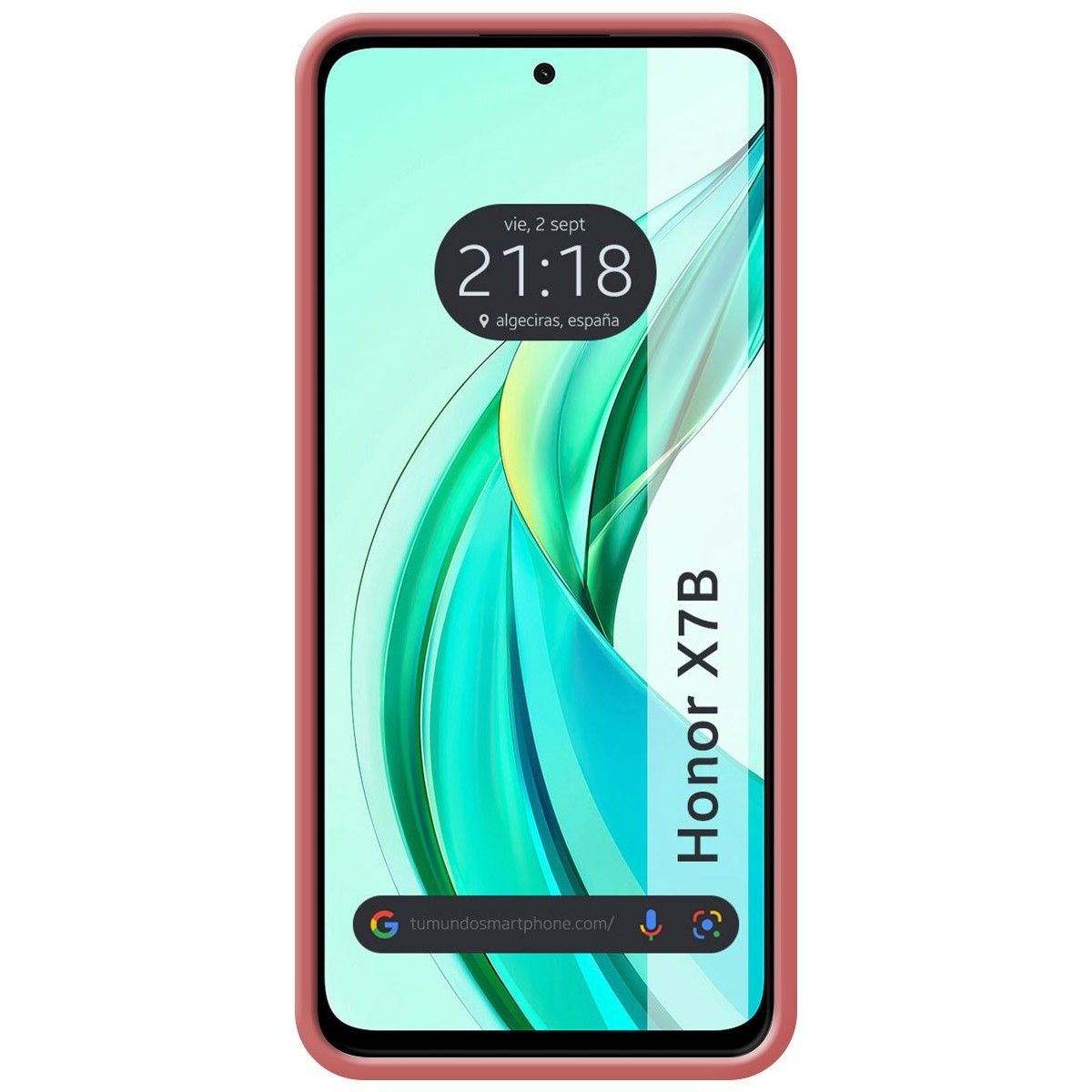 Custodia per telefono con bordo rosa, schermo del telefono che mostra l'ora e uno sfondo colorato.