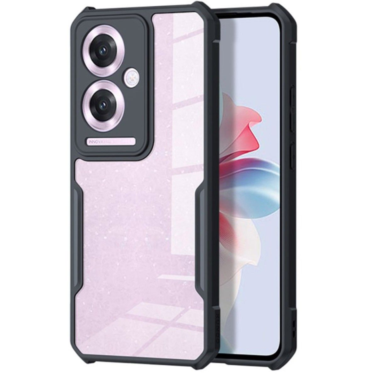 Custodia per telefono nera e rosa con un design a motivi. Il telefono è dentro.
