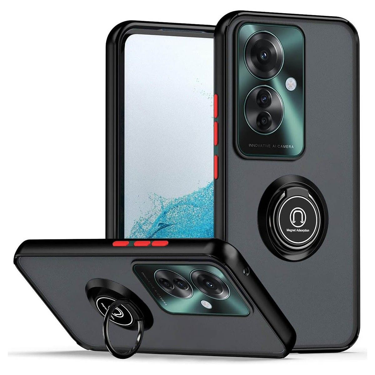 Tre custodie per telefono nere con un supporto ad anello. Il telefono non mostra alcun contenuto.