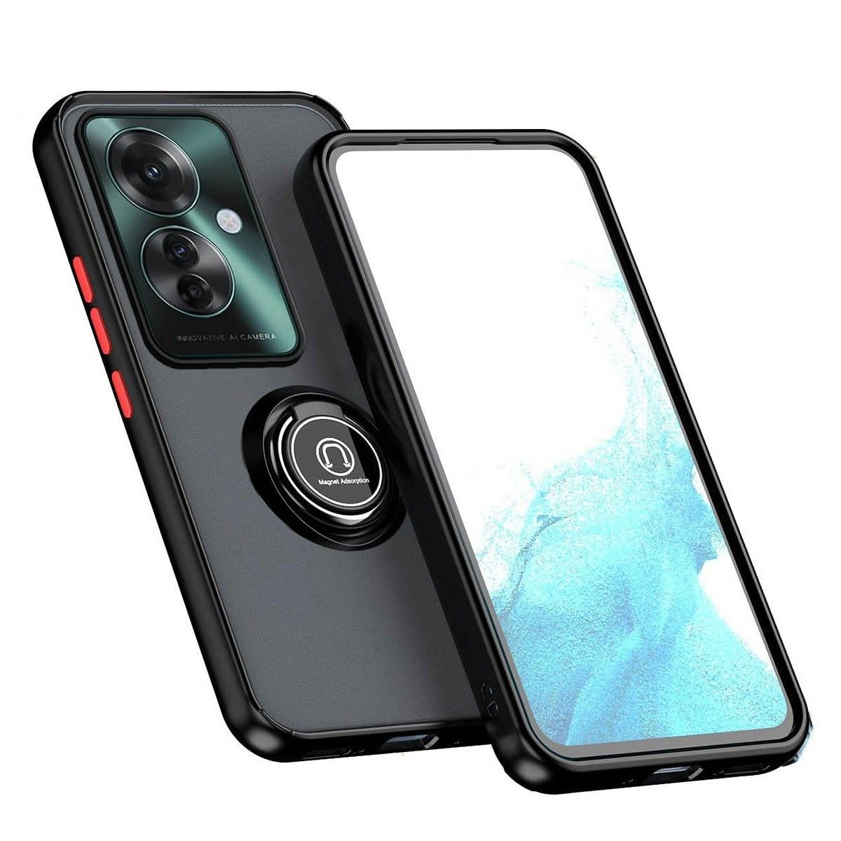 Custodia per telefono con accenti neri e rossi, una fotocamera e un supporto ad anello.